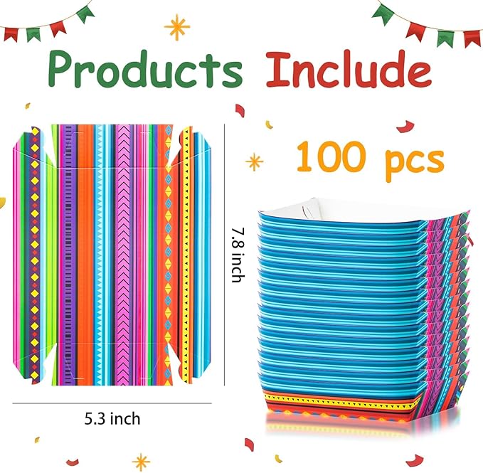 Mexican Taco Nights Food Trays 100Pcs Hispanic Heritage Month Mexican Nacho Popcorn Assembled Trays Snack Candy Holder Disposable Paper Plates Birthday Carnival Party Picnic Food Containers