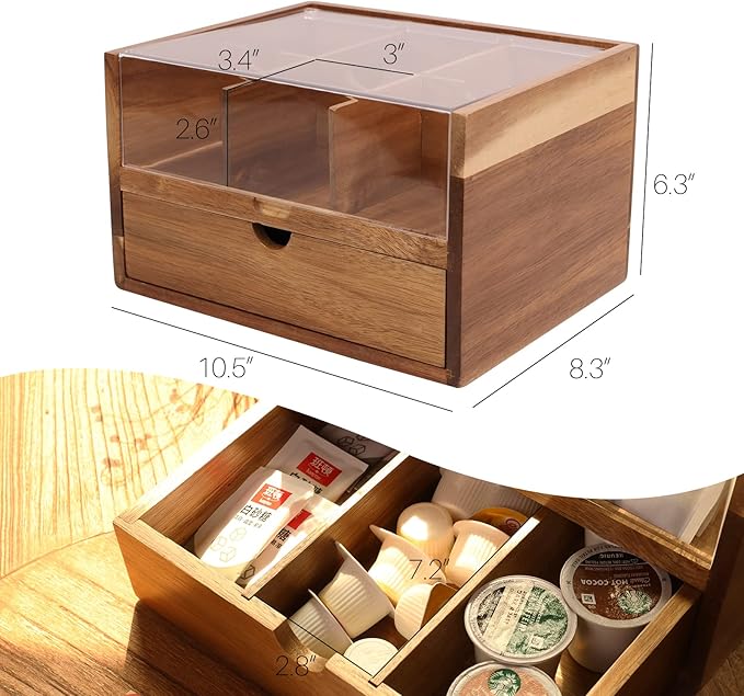 Large Tea Organizer 2 Tier with Drawer by HTB, Tea Bag Organizer with Acrylic Transparent Hinged Lid, 9 Compartments Wooden Tea Bag Holder for Home, Office, Tea Parties