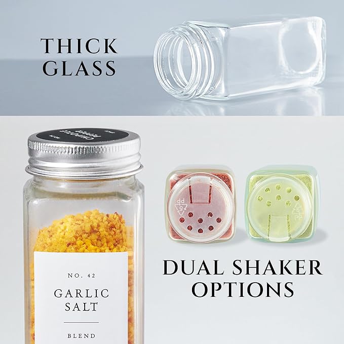 FINESSY Glass Spice Jars with Labels with Metal Lids and Shakers 24 Pack Set, 4oz Small Empty Air Tight Spice Containers with Labels, Clear Seasoning Containers Herb Bottles Kitchen Storage Organizer