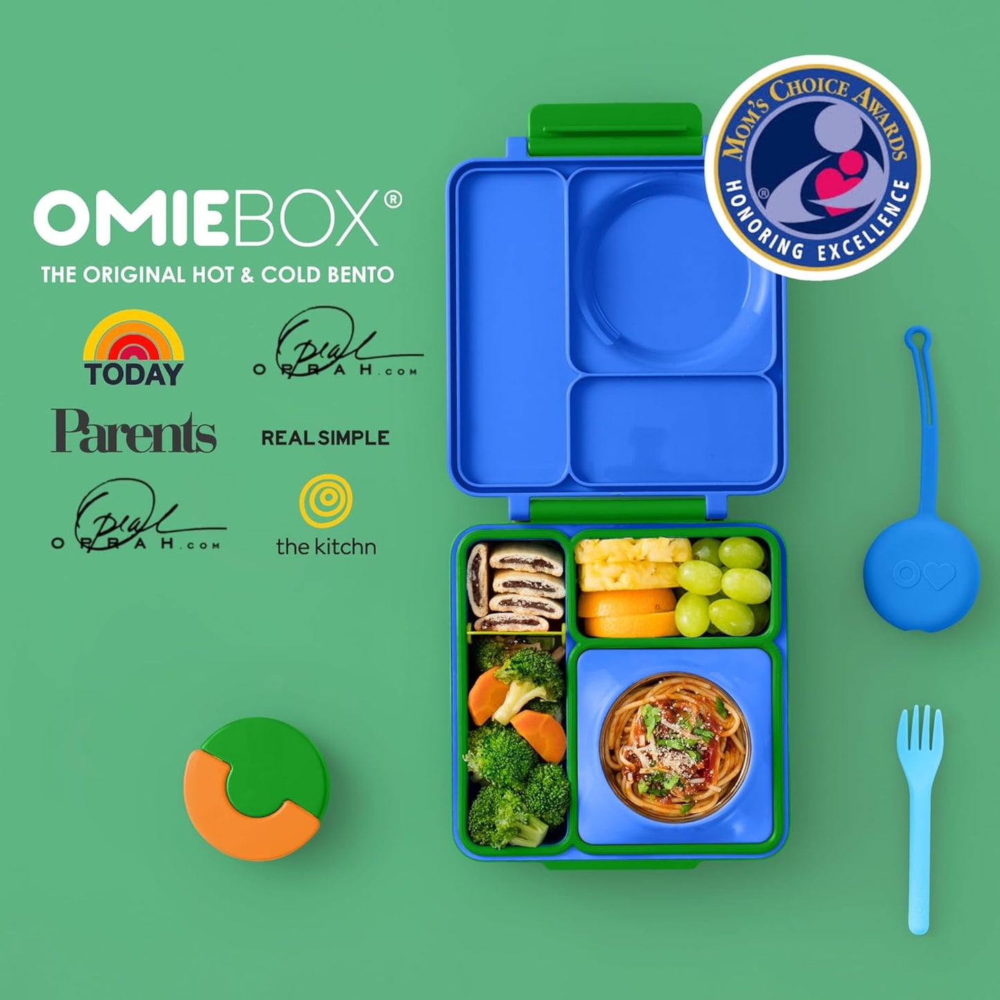 OmieBox Bento Box for Kids - Insulated Bento Lunch Box with Leak Proof Vacuum Insulated Food Jar - 3 Compartments, Two Temperature Zones (Monster Blue)