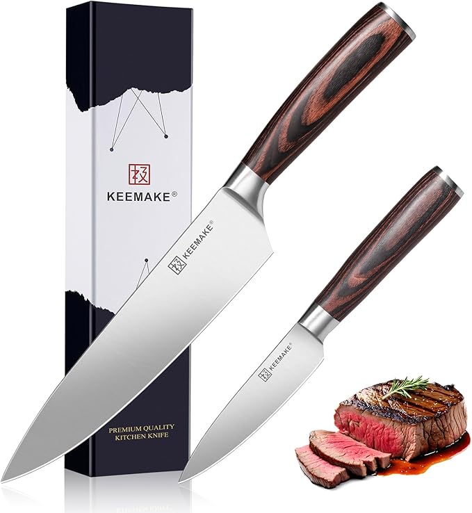 KEEMAKE Professional Chef Knife Set 2 Pieces - Kitchen Knives High Carbon Stainless Steel Ultra Sharp Blade & Ergonomic Pakkawood Handle, Perfect for Meat Cutting, Vegetable Chopping & Culinary Gifts