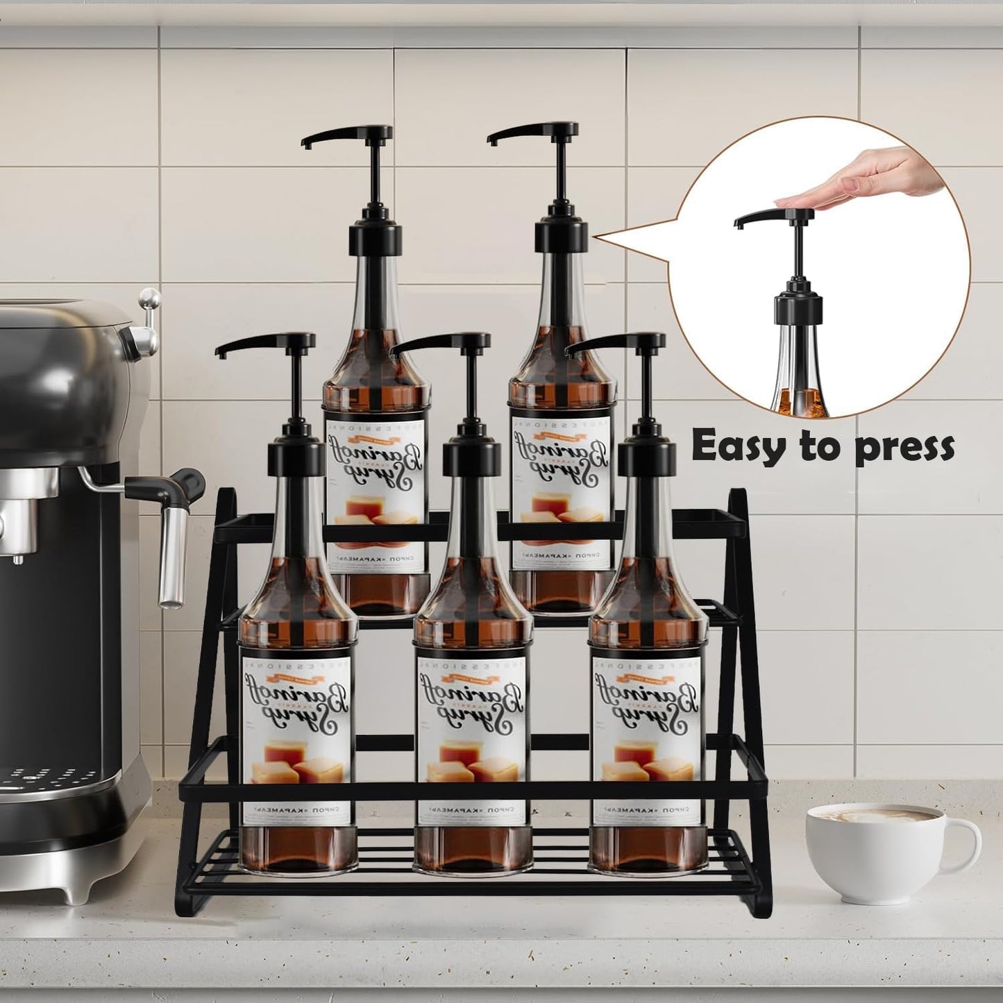 2-Tier Coffee Syrup Rack Organizer 6 Bottle Capacity,Sturdy Metal Storage Shelf for Coffee Bar,Multi-Use Kitchen Wine Rack for Syrups, Dressings, Condiments