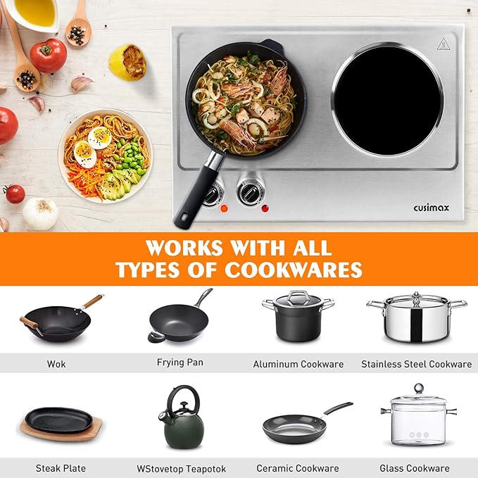 CUSIMAX Hot Plate, 1800W Double Burners, Infrared Cooktop, Electric Ceramic Hot Plates for Cooking, Portable Countertop Burner Glass Heating Plate, Compatible w/All Cookware, Upgraded Version