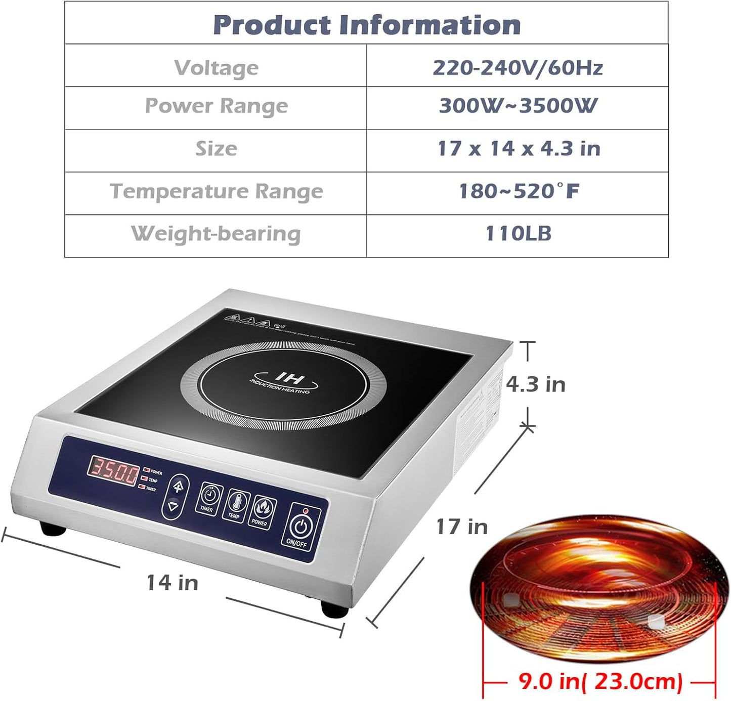 Commercial Induction Cooktop,3500W/ 240V Portable Electric Induction Countertop Burner with Stainless Steel Housing, Durable Commercial Induction Hot Plate for Hotel Restaurant School