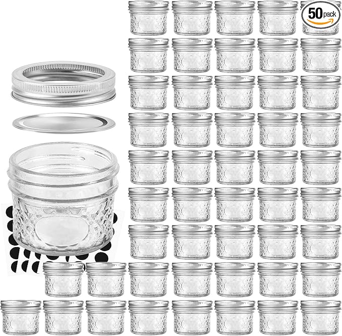 VERONES Mason Jars Canning Jars, 4 OZ Jelly Jars With Regular Lids and Bands, Ideal for Jam, Honey, Wedding Favors, Shower Favors, DIY Spice Jars, 50 PACK