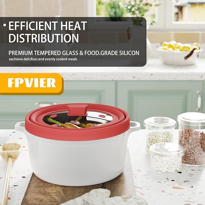 Microwave Splatter Cover, Vented Silicone and Glass Cover Splatter Guard Lid, Food Collapsible Plate Cover Lid with Easy Grip Handle. (Red, 10.8 inch)