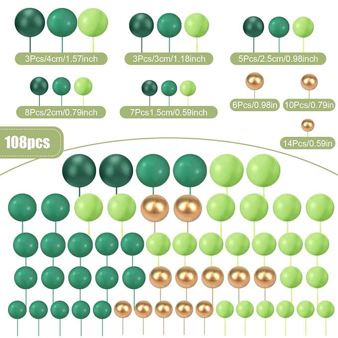 108 Pcs Balls Cake Topper DIY Cupcake Insert Foam Balloons for Cake Baking Wedding Anniversary Birthday Decoration(Assorted Green, Gold,Multi Sizes)