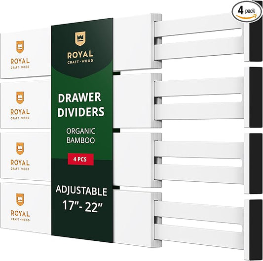 ROYAL CRAFT WOOD Adjustable Bamboo Caddy Expandable Drawer Organization Separators For Kitchen, Dresser, Bedroom, Bathroom and Office, 4-Pack (Large (up to 22)), White