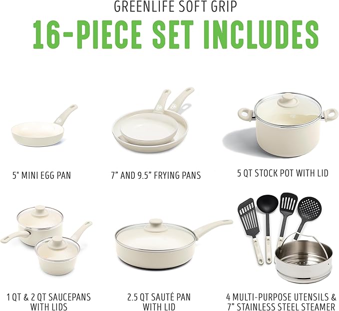 GreenLife Soft Grip 16 Piece Cookware Set, Non-Toxic PFAS-Free Ceramic Nonstick, Frying, Sauce, Saute, Utensils, Glass Lids, Stay-Cool Handles, Wobble Free, Dishwasher & Oven Safe, Cream