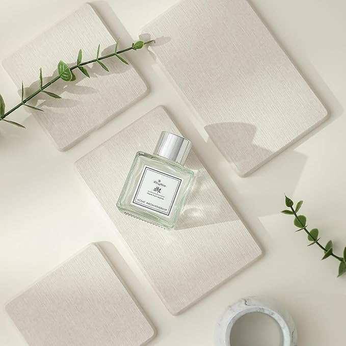 4PCS Bathroom Sink Vanity Trays, Diatomaceous Earth Quick Stone Drying Mat Kitchen Counter Dish Soap Dispenser Sponge Holder, Water Absorbing Caddy Organizer for Bottle & Cup, Beige