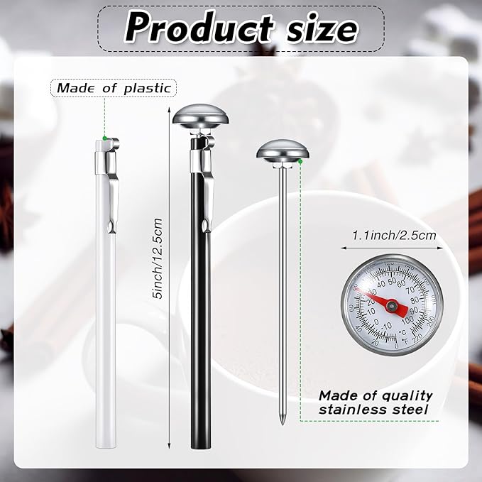 Xuhal 6 Pcs Stainless Steel Kitchen Thermometer with 5 Inch Long Stem 1 Inch Dial Thermometer Milk Frothing Food for Oven Probe Meat Grill BBQ Cooking Chocolate Water(Black, Red, White)