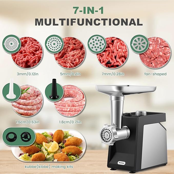 Huanyu Electric Meat Grinder for Home Use, Quiet for Apartment Cooking, Process Beef & Venison in 90s, Sausage Kubbe Prep Kit 110v