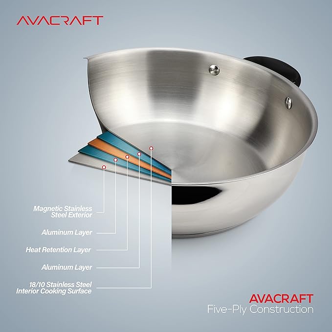 AVACRAFT 18/10 Stainless Steel Everyday Pan, Stir Fry Pan with Five-Ply Base, Chef’s Pan with Glass Lid, Multipurpose Stewpot Skillet, Saute Pan, Casserole in Pots and Pans (9 Inch)