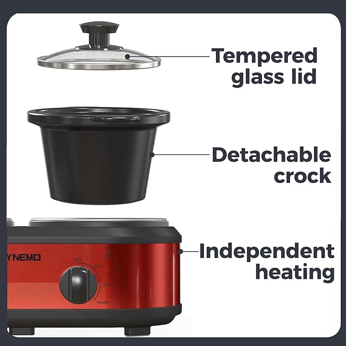 Double Slow Cooker, 2 X 1.25QT Slow Cooker with 3 Cooking Settings, Buffet Servers and Warmers with Dishwasher-Safe Ceramic Pot, Glass Lid, Red