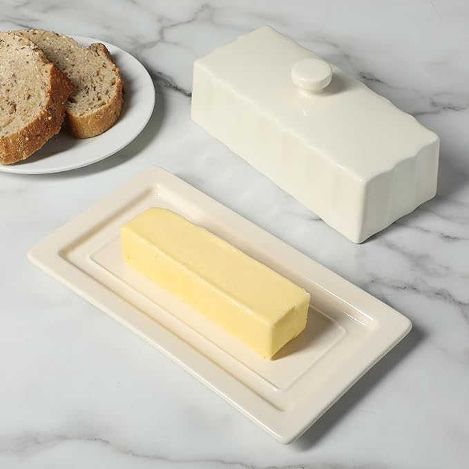 Martha Stewart Broadbrook Stoneware Butter Dish with Lid, Rectangular Covered Butter Keeper, 8.1 x 4.4 x 3 Inches, Classic Cream Glaze, Dishwasher Safe Ceramic Storage for Counter or Table