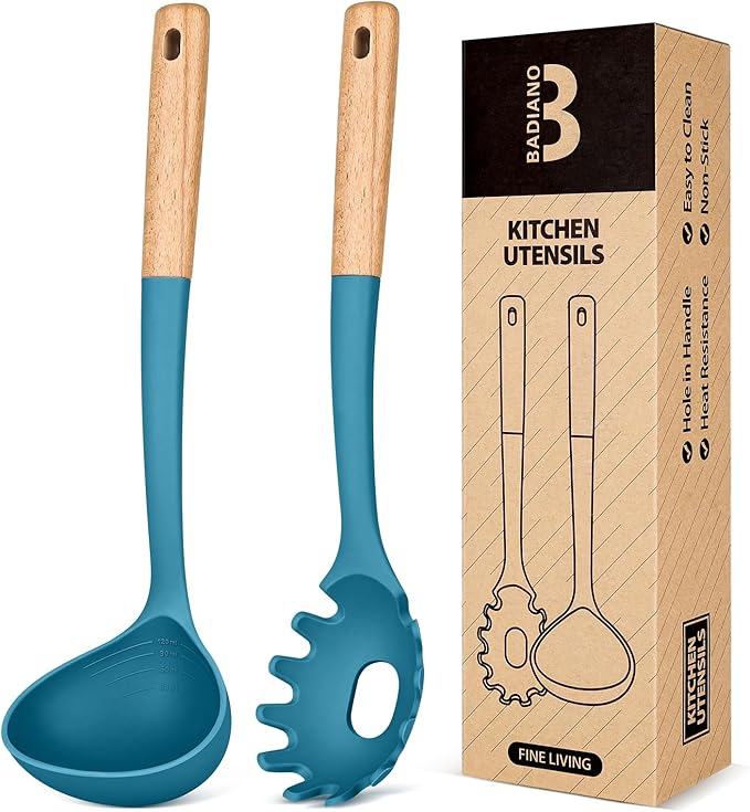 Pasta Fork and Ladle Set, Perfect for Serving Hot Soup, Stirring, and Sauce Pasta, BPA-Free Matte Silicone, Wood Handle Spaghetti Spoon for Nonstick Cooking Surfaces (Blue)