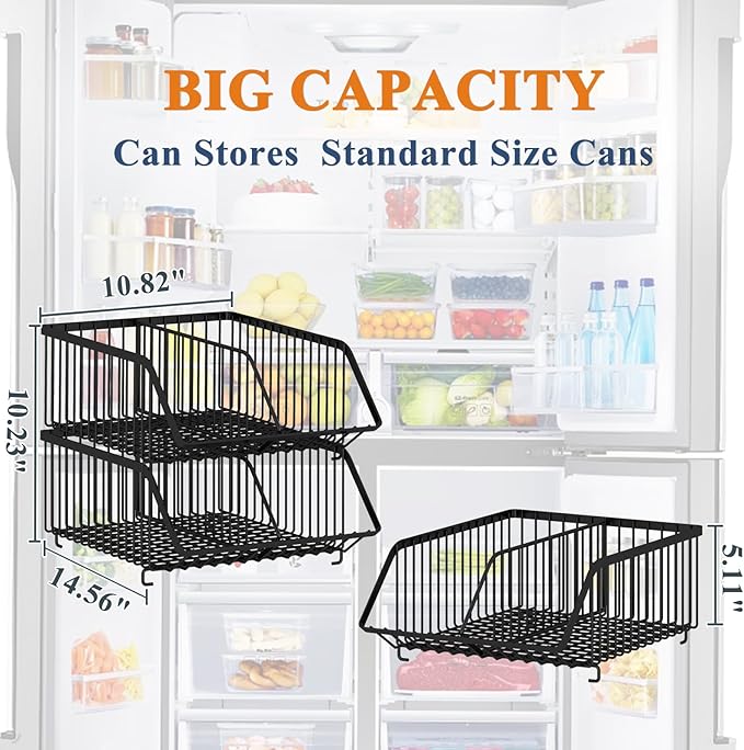 GILLAS 2 Pack Stackable Soda Can Organizer with Dividers for Refrigerator, Can Holder Dispenser Canned Food Organizer, Beverage Storage Basket Rack Drink Organizer for Fridge, Kitchen, Pantry, Black