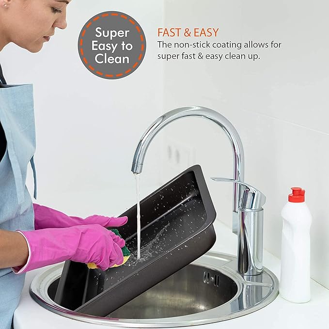 Perlli Baking Pan 8 Piece Set Nonstick Carbon Steel Gray Oven Safe Bakeware Kitchen Set, Cookie Sheet, 2 Round Cake Pans, Square Pan, Loaf Pan, Deep Dish Pan, Pizza Crisper, & 12 Cup Muffin Pan