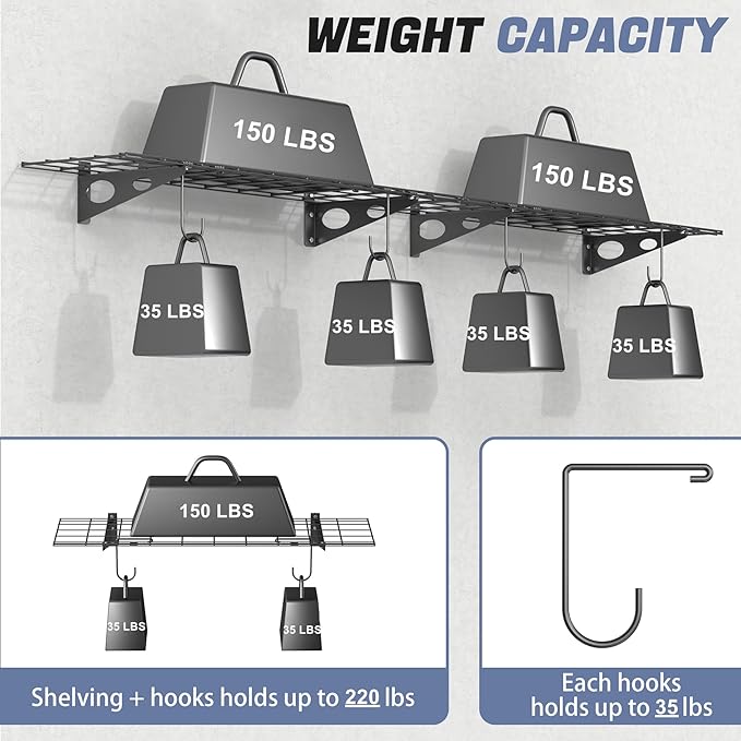WALMANN 2 Pack Garage Wall Shelves, 1 x 4 ft/12 * 48 inch Wall Mounted Storage Shelves for Garage Heavy Duty Floating Shelving, Holds Up to 220 lbs(Black)