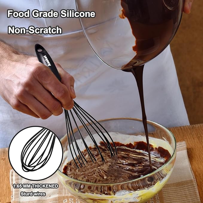 Anaeat Kitchen Whisk Set of 5, Perfect for Non-Stick Cookware, Egg Beater Milk Blender for Whisking, Cooking, Baking - 5"+7" Mini Wire Whisk and 8.5''+10.5''+12'' Silicone Balloon Whisks (Black)