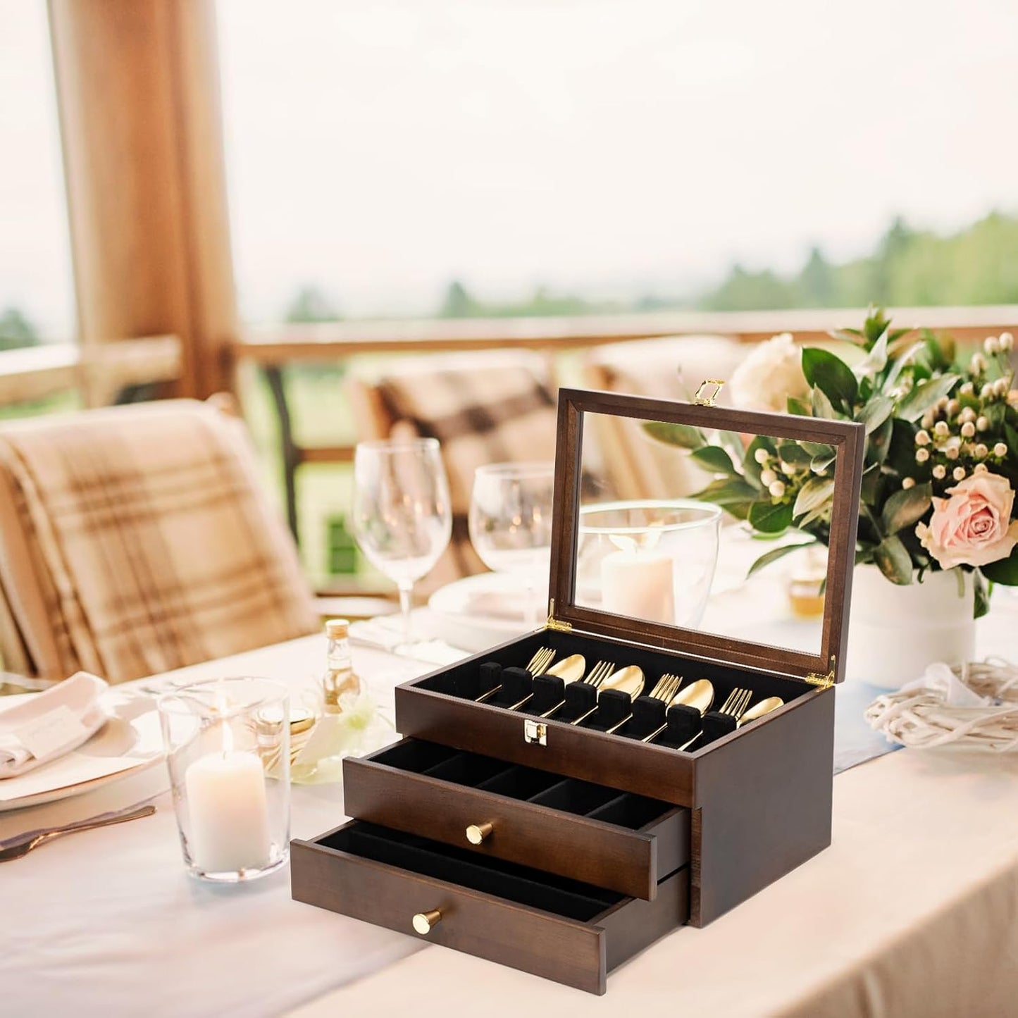 Silverware Box, 3-Layer Wooden Silverware Storage Box with Glass Lid, 14.5×10.6 Inches Luxury Style Decor Flatware Storage Case for Fine Flatware & Utensils, Gift Idea (Walnut)