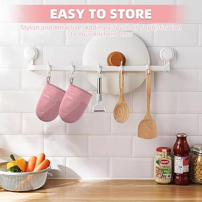 Mini Oven Mitts, Kitchen Oven Gloves Kitchen Mittens 500 Degrees Heat Resistant Baking Gloves, Non-Slip Silicone Surface with Hanging Loops Hot Gloves for Cooking, Baking, BBQ 1 Pair-Pink