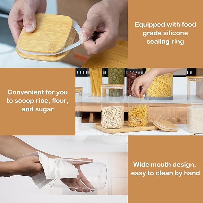 22oz Straight cylindrical Airtight Storage Jars with Bamboo Lid Set of 6 Storage Container Stackable Spice Jar, Kitchen Canister for Sugar, Tea, Cookies and Coffee beans (with Black Lable)