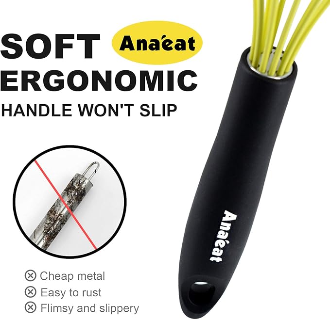 Anaeat Silicone Whisk, Thick Stainless Steel Wire Inner Heat Resistant - Kitchen Whisks for Non-Stick Cookware, Balloon Egg Beater for Whisking, Blending, Beating, Frothing & Stirring (Yellow)