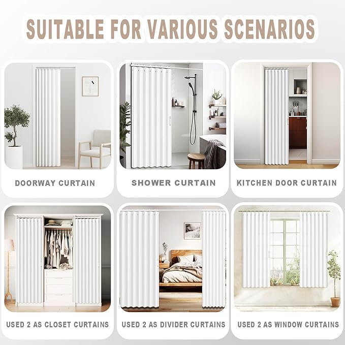 Vatge Pleated Folding Curtains for Doorway - Laundry Room Curtains for Doorway, Bedroom, and Closet Without Door, Room Divider Curtain for Closet Door, 1 Panel with Tieback, W52 x L78, White