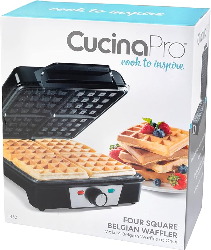 CucinaPro Four Square Belgian Waffle Maker, Extra Large Stainless Steel Kitchen Appliance w Nonstick Waffler Iron Plates Makes 4 Fluffy Waffles, Great Griddle for Family Breakfast or Housewarming Gift