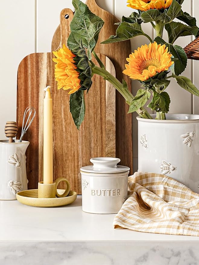 LE TAUCI Butter Crock, Butter Dish with Lid, Butter Container for Counter with Water Line, Embossed French Butter Keeper for Spreadable Butter, Suit For Housewarming - Set of 1, Arctic White, Bee