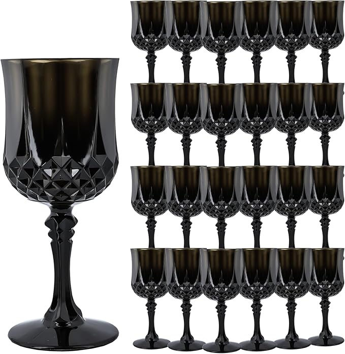 Plastic Wine Glasses，Plastic Goblets Vintage Style Cordial Drinking Glasses for Wedding Reception, Grand Event Party Supplies (24, Black)