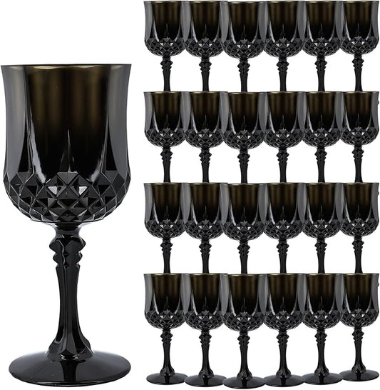 Plastic Wine Glasses，Plastic Goblets Vintage Style Cordial Drinking Glasses for Wedding Reception, Grand Event Party Supplies (24, Black)