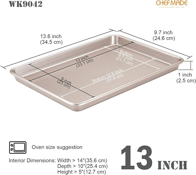 CHEFMADE 13-Inch Rimmed Baking Pan, Non-Stick Carbon Steel Cookie Sheet Pan for Oven Roasting Meat Bread Jelly Roll Battenberg Pizzas Pastries 9.7" x 13.6" x 1" (Champagne Gold)