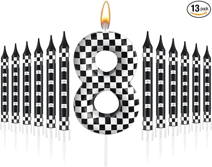 13 Pcs Racing Cars Themed Birthday Candles Black and White Race Number 8 Checkered Candle Cake Topper for Racing Car Party Decoration Supplies (Number 8)