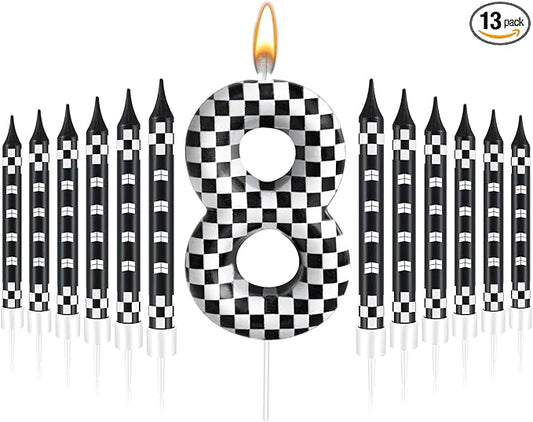 13 Pcs Racing Cars Themed Birthday Candles Black and White Race Number 8 Checkered Candle Cake Topper for Racing Car Party Decoration Supplies (Number 8)