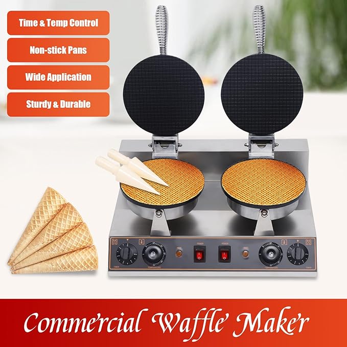 Waffle Cone Maker Non-stick Ice Cream Cone Maker, 1200W 8.19'' Stainless Steel Non-Stick Egg Roll Cone Baker Waffle Roll Maker, for Restaurant, Home Kitchen, Bakeries, Snack Bar Use