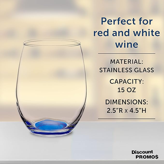 DISCOUNT PROMOS Stemless Wine Glasses in Bulk by ARC Perfection, 15 oz -10 pack, Red or White Wine Glass Drinking Set, Blue