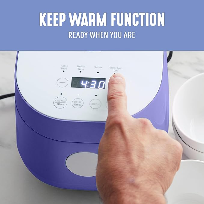GreenLife Digital Rice Cooker, 2-Cups Uncooked/4-Cups Cooked, Removable Nonstick Ceramic PFAS-Free Pot, One-Touch Presets, Oats, Quinoa, Brown Rice, Auto Keep Warm, Fuzzy Logic Tech, 1.5 QT, Periwinkle