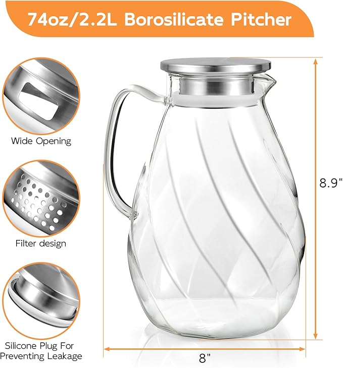 DRASTAR Glass Pitcher with Lid, 2.2L Water Pitcher, 74oz Tea Pitcher for Drinks, Borosilicate Glass Water Jug Cold Or Hot Beverages, Lemonade Pitcher, Glass Water Carafe With Lid