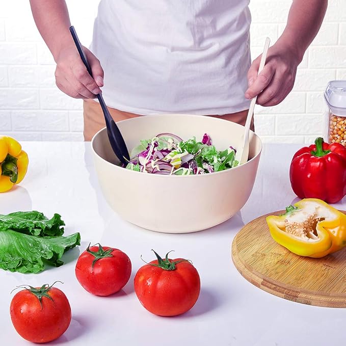 10” Bamboo Fiber Large Salad Serving Bowl Set with Wooden Lid & Servers, 3.5Qt Big Bowl with Utensils for Mixing Salad,Fruit,Pasta,Lightweight & Dishwasher Safe, Ideal Gift for Home - Matte White