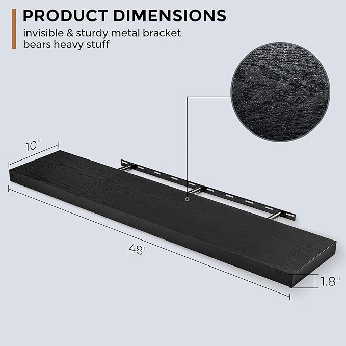 Floating Shelves - 10.3 Inch Deep Wall Shelf for Decor & Storage - Wall Mounted Display Shelving with Invisible Heavy-Duty Metal Bracket - 48" W x 10.3" D x 1.8" H - Set of 1 - Rustic Black