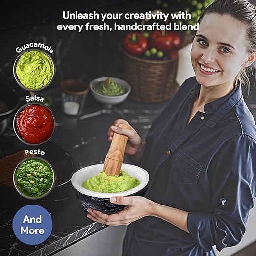 2 Cup Mortar and Pestle Set, World's 1st Lightweight Molcajete Mexicano with Grinding Ridge, High Grinding Efficiency for Guacamole, Spice and Herb, Easy to Clean, Anti-Scratch Protector