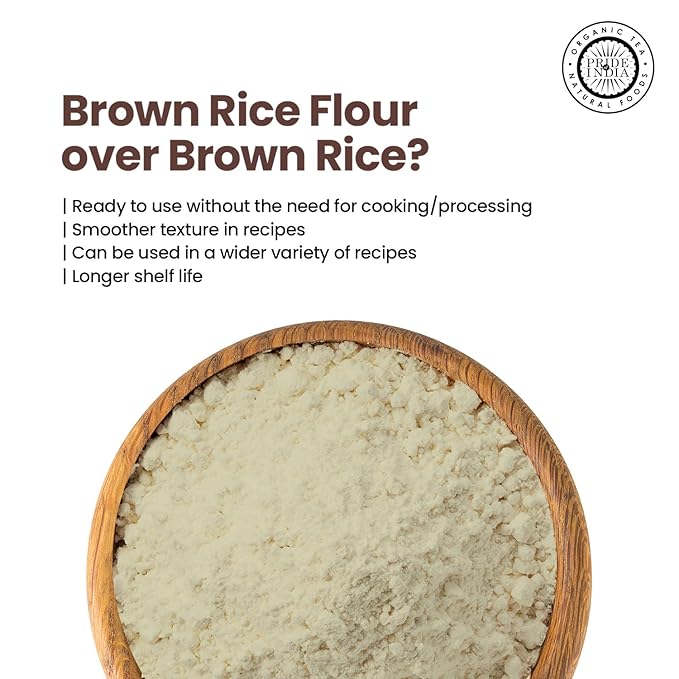 Pride of India- Brown Rice Flour 1 lbs (454 gm) Slightly Nutty Earthy Taste Milled in Small Batches | Ideal for Cakes Soups Noodles Dumplings Pastries Fritters | Vegan, Gluten-Free