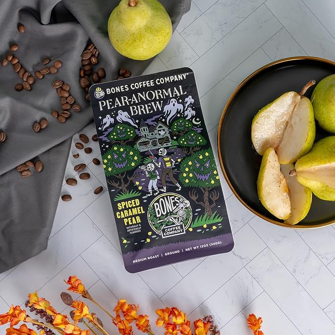 Bones Coffee Company Pear-Anormal, Caramel and Spiced Pear Flavored Coffee, Medium Roast Low Acid Arabica Beans Compatible with Auto drip and French Press Coffee Maker, 12 Oz Whole Bean