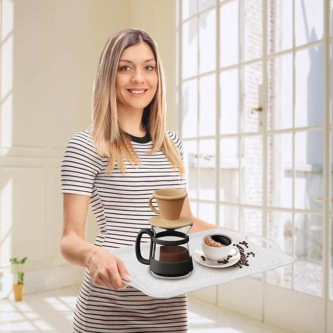 LEHAHA 17.25" x 12" Serving Trays Set of 2 White, Dinner Tray, Light Weight Easy to Clean Sturdy Stackable Melamine Serving Platter with Handle, Fruit, Snacks, and Desserts Trays.Mats Included