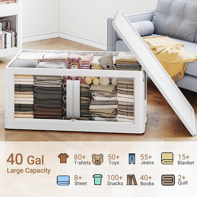 160QT Stackable Storage Bins with Lids, 40Gal Extra Large Collapsible Storage Box with Wheel, Plastic Storages with Clear Door Open Front for Home Bedroom Garage, White-1pack(1 lid)