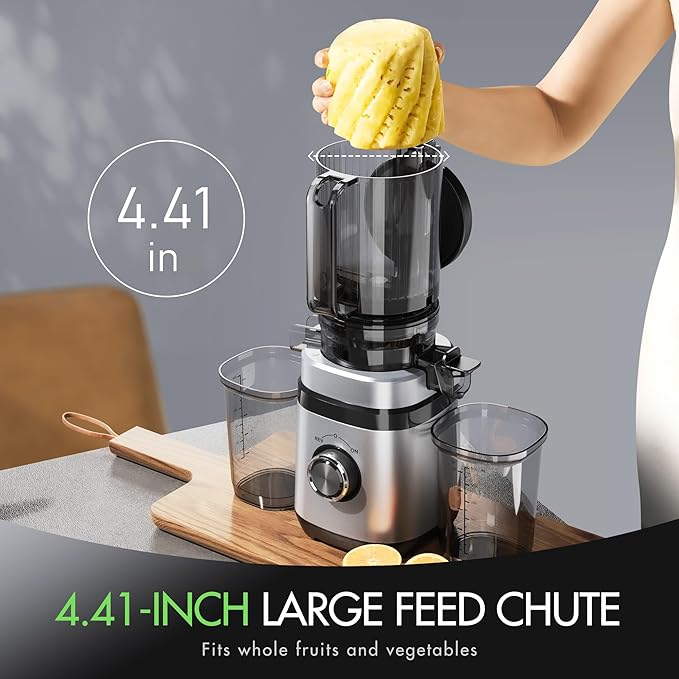 Juicer Machines, Cold Press Juicer with 4.41" Wide Feed Chute, 350W Slow Masticating Juicers for Whole Vegetables & Fruits, High Juice Yield, Easy to Clean, Large Auger, Silver