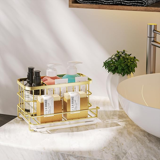 HapiRm Multifunctional Kitchen Sink Organizer with Removable Drain Tray, Quick Draining Rustproof Sink Caddy, Stainless Steel Kitchen Sponge Holder for Holds Sponge, Cleaning Towel and Scrubber - Gold