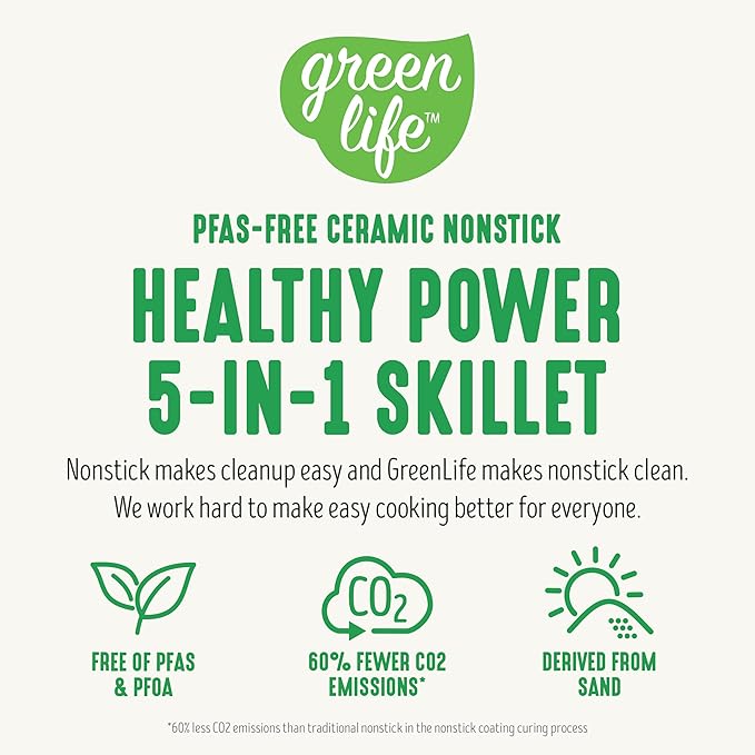 GreenLife 12" 5QT Square Electric Skillet, Glass Vented Lid, Ceramic PFAS-Free Nonstick Coated Interior, Adjustable Temperature Control, Cool Touch Handles, Quick Even Heating, Scratch Resistant,Black